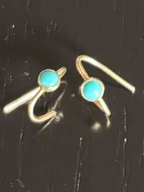 Solid 14k gold tiny huggie earrings real turquoise - artisan made from etsy